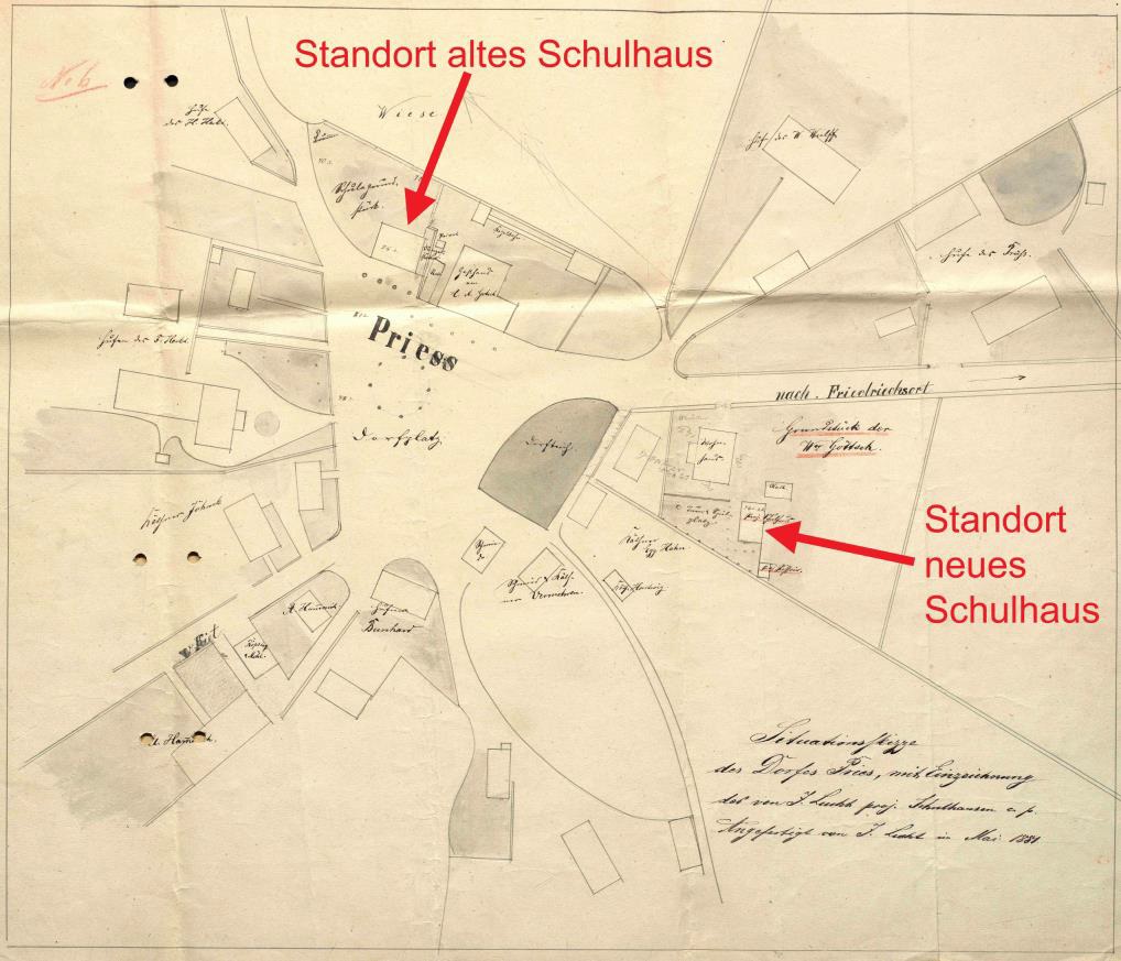 Abbildung 6: Standorte des alten und des neuen Schulhauses in Pries 1881, Stadtarchiv Kiel Akte 23550